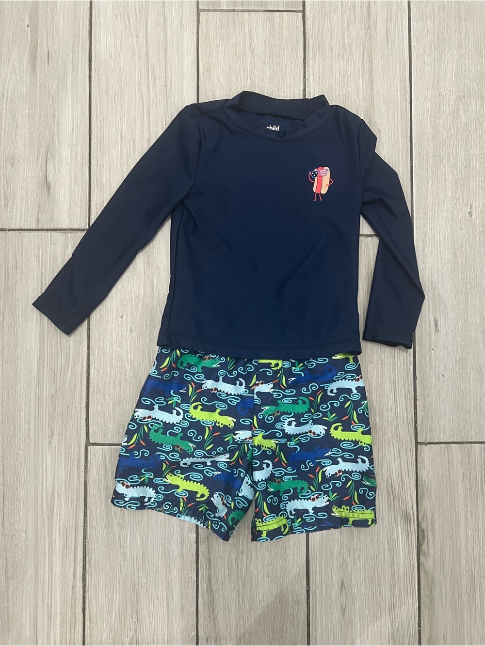 child of mine Navy Rash Guard Set with Green and Blue Croc Print Shorts